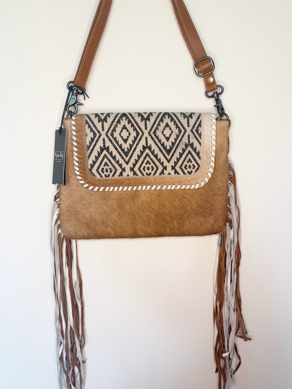 Myra Bag Fringe Leather & Hair Crossbody Bag - Tan